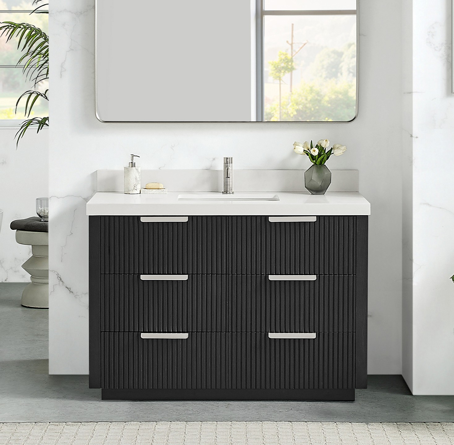 48" Free-standing Single Bath Vanity in Oak Weathered Black with Pure White Quartz Stone Top