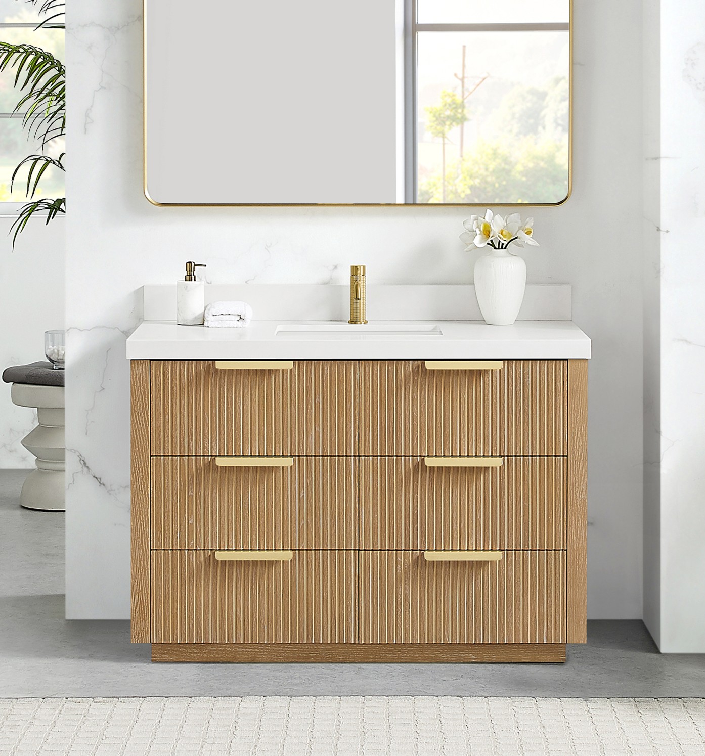 48" Free-standing Single Bath Vanity in Washed Ash Grey with Pure White Quartz Stone Top