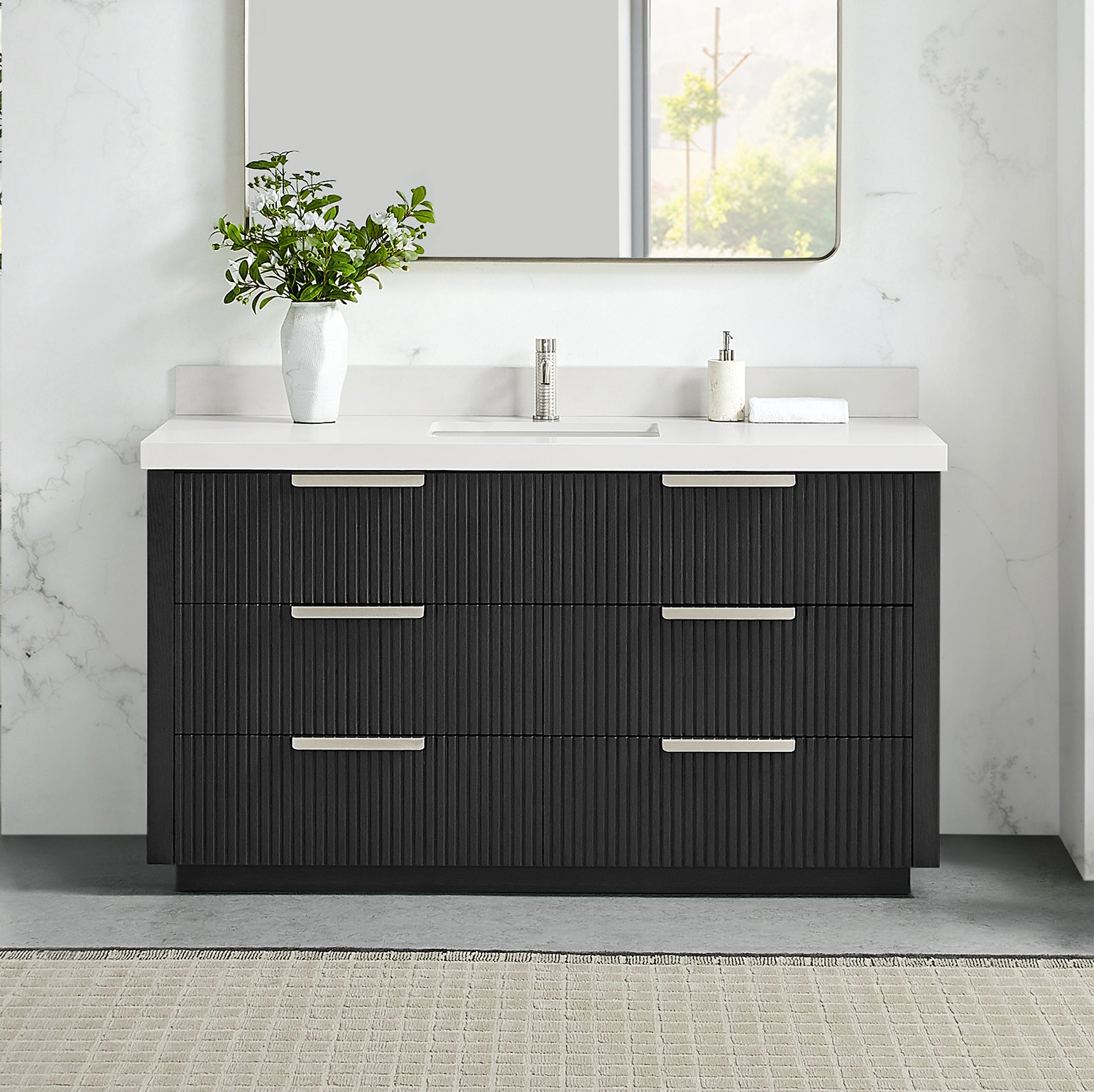 60" Free-standing Single Bath Vanity in Oak Weathered Black with Pure White Quartz Stone Top