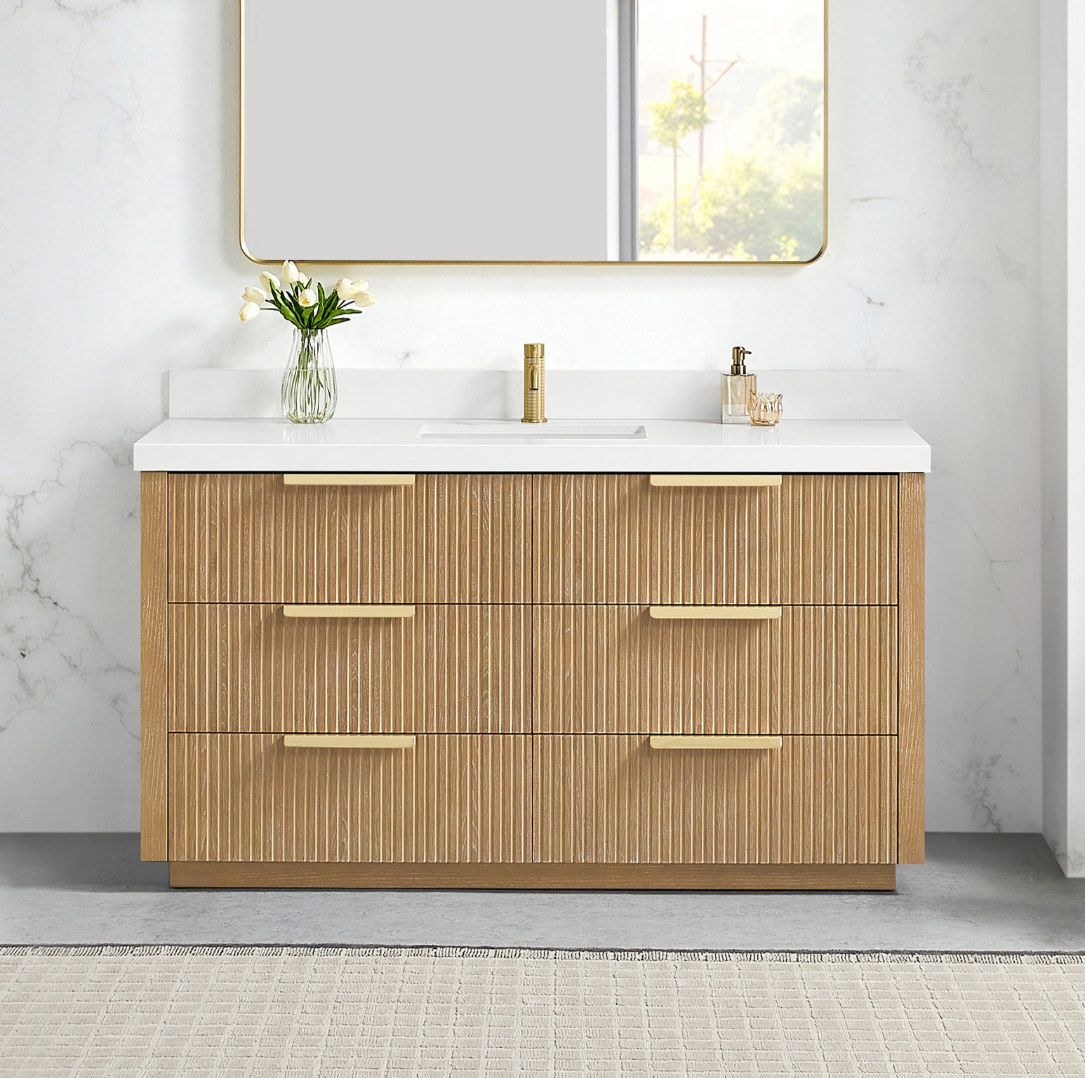 60" Free-standing Single Bath Vanity in Washed Ash Grey with Pure White Quartz Stone Top