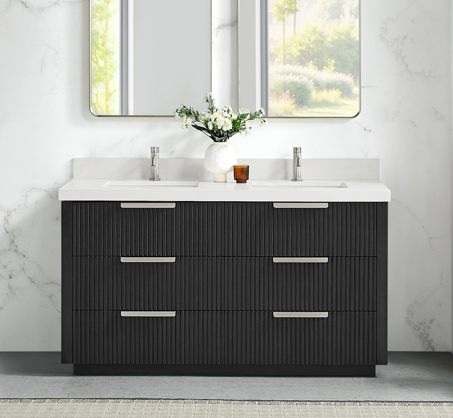 60M" Free-standing Double Bath Vanity in Oak Weathered Black with Pure White Quartz Stone Top