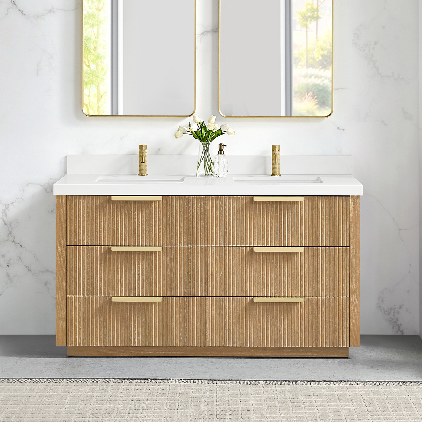 60M" Free-standing Double Bath Vanity in Washed Ash Grey with Pure White Quartz Stone Top