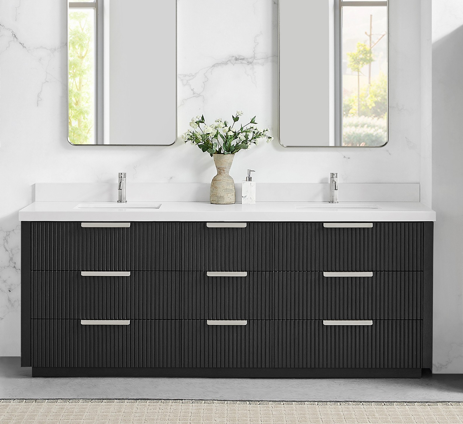 84" Free-standing Double Bath Vanity in Oak Weathered Black with Pure White Quartz Stone Top