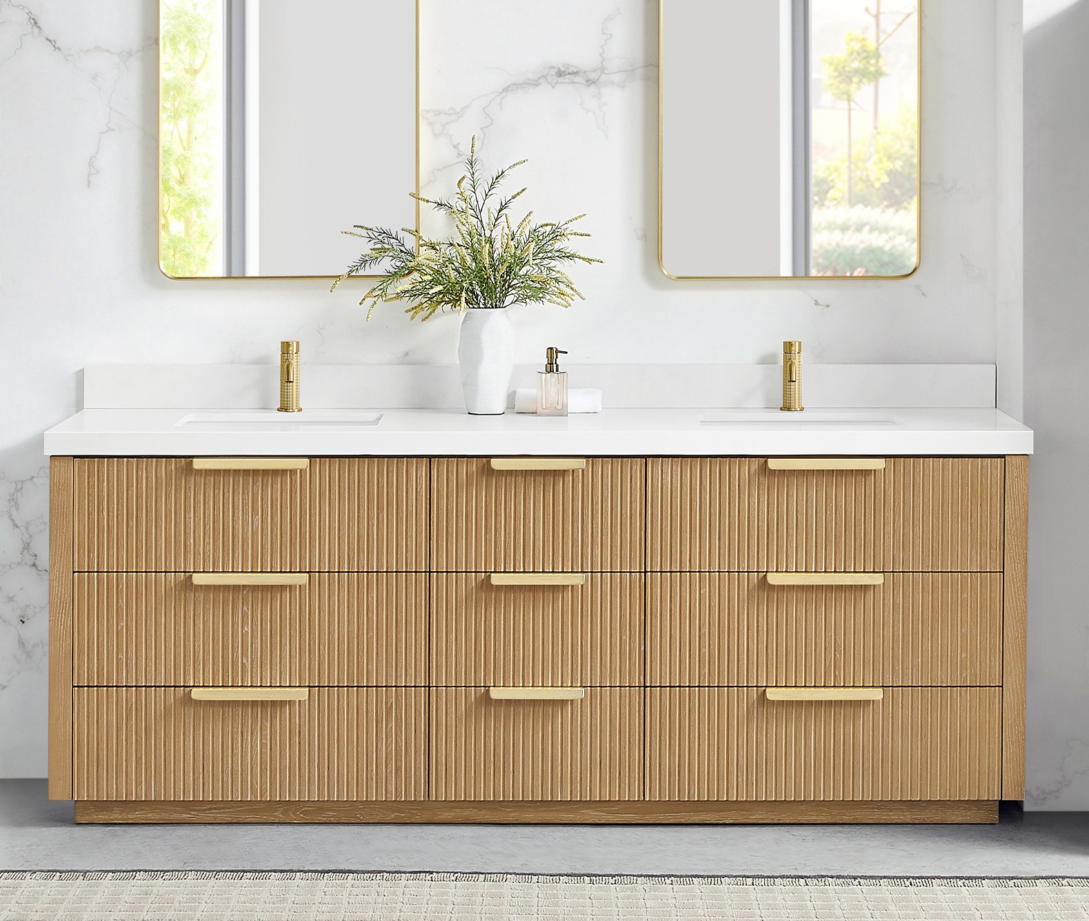 84" Free-standing Double Bath Vanity in Washed Ash Grey with Pure White Quartz Stone Top