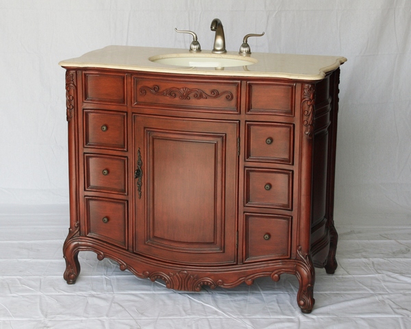40" Adelina Antique Style Single Sink Bathroom Vanity in Cherry Finish with Beige Stone Countertop and Oval Bone Porcelain Sink