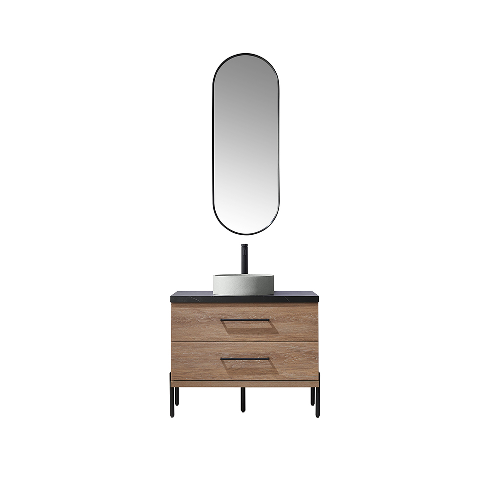 36" Single Sink Bath Vanity in North American Oak with Black Sintered Stone Top with Concrete Sink