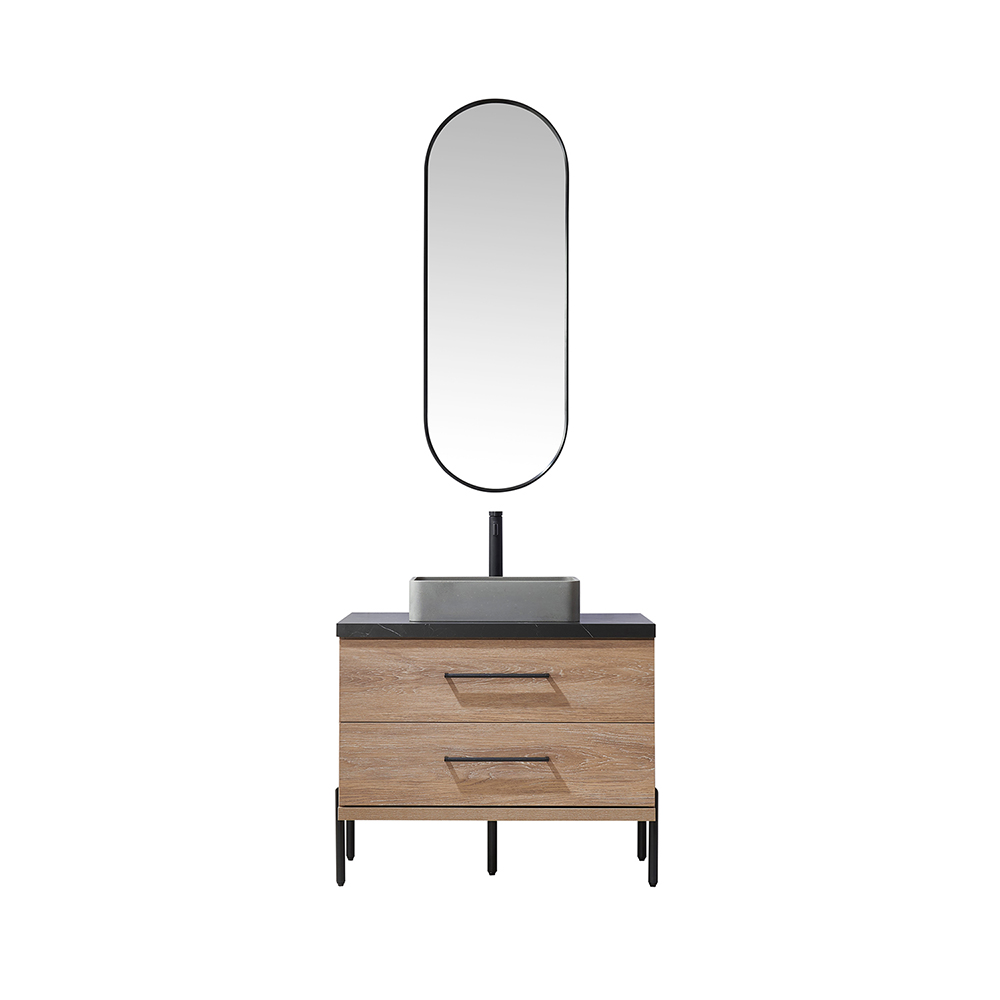36" Single Sink Bath Vanity in North American Oak with Black Sintered Stone Top with Concrete Square Sink