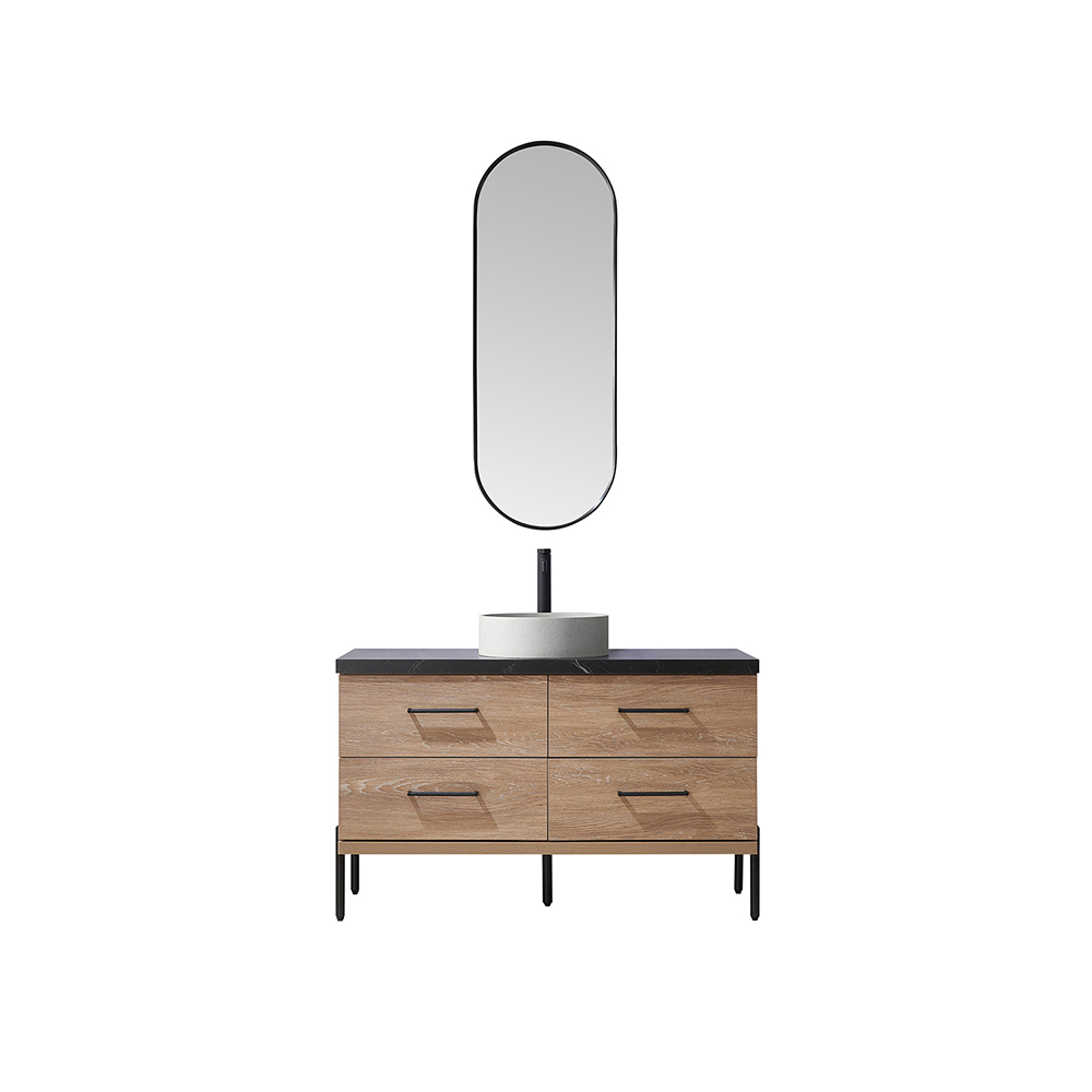 48" Single Sink Bath Vanity in North American Oak with Black Sintered Stone Top with Concrete Circle Sink