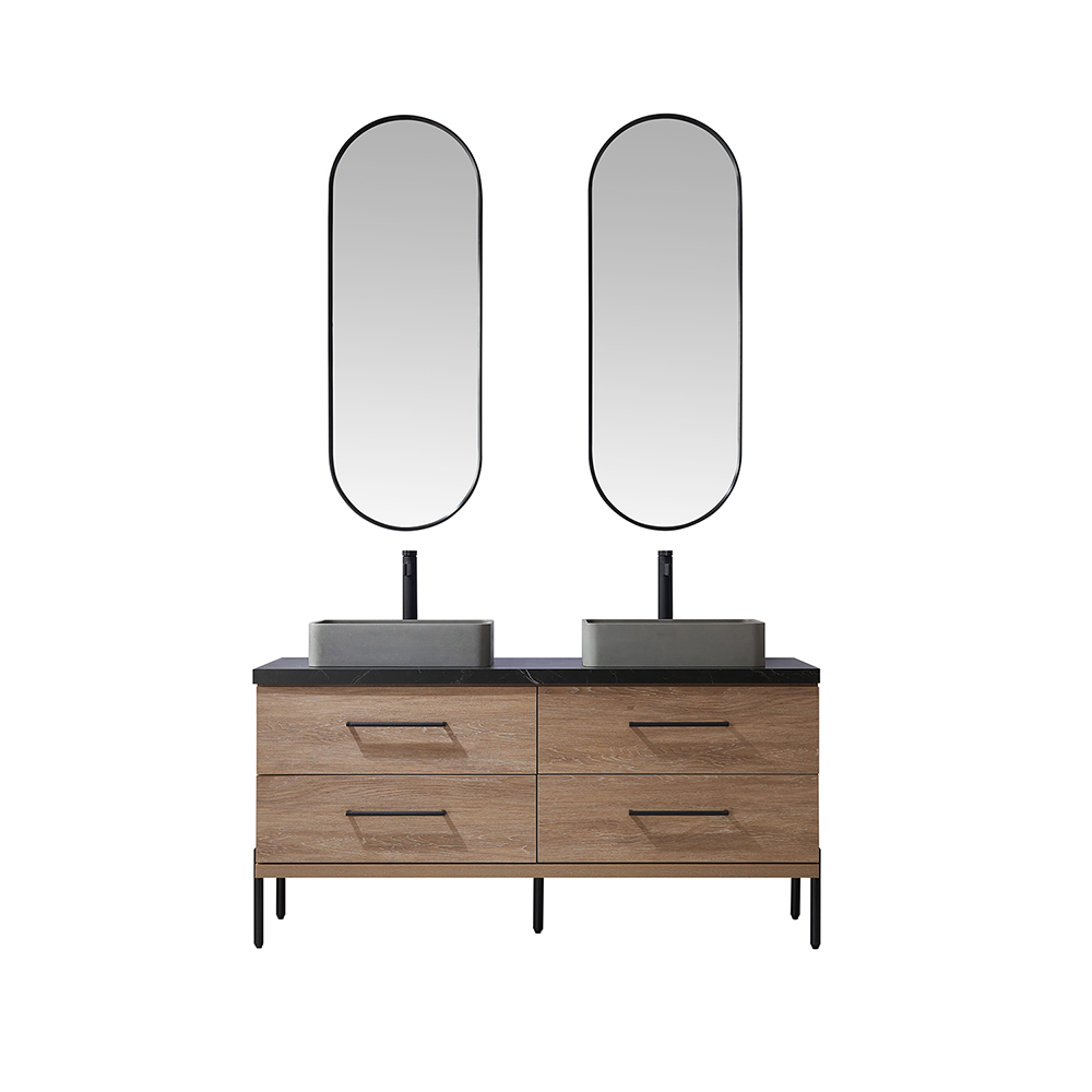 60" Double Sink Bath Vanity in North American Oak with Black Sintered Stone Top with Concrete Square Sink