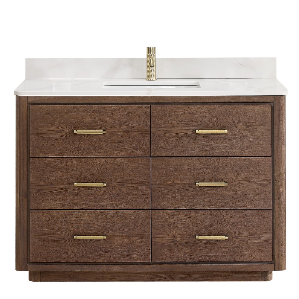 Issac Edwards 48" Free-standing Single Bath Vanity in Aged Dark Brown Oak with Fish Maw White Quartz Stone Top and Mirror