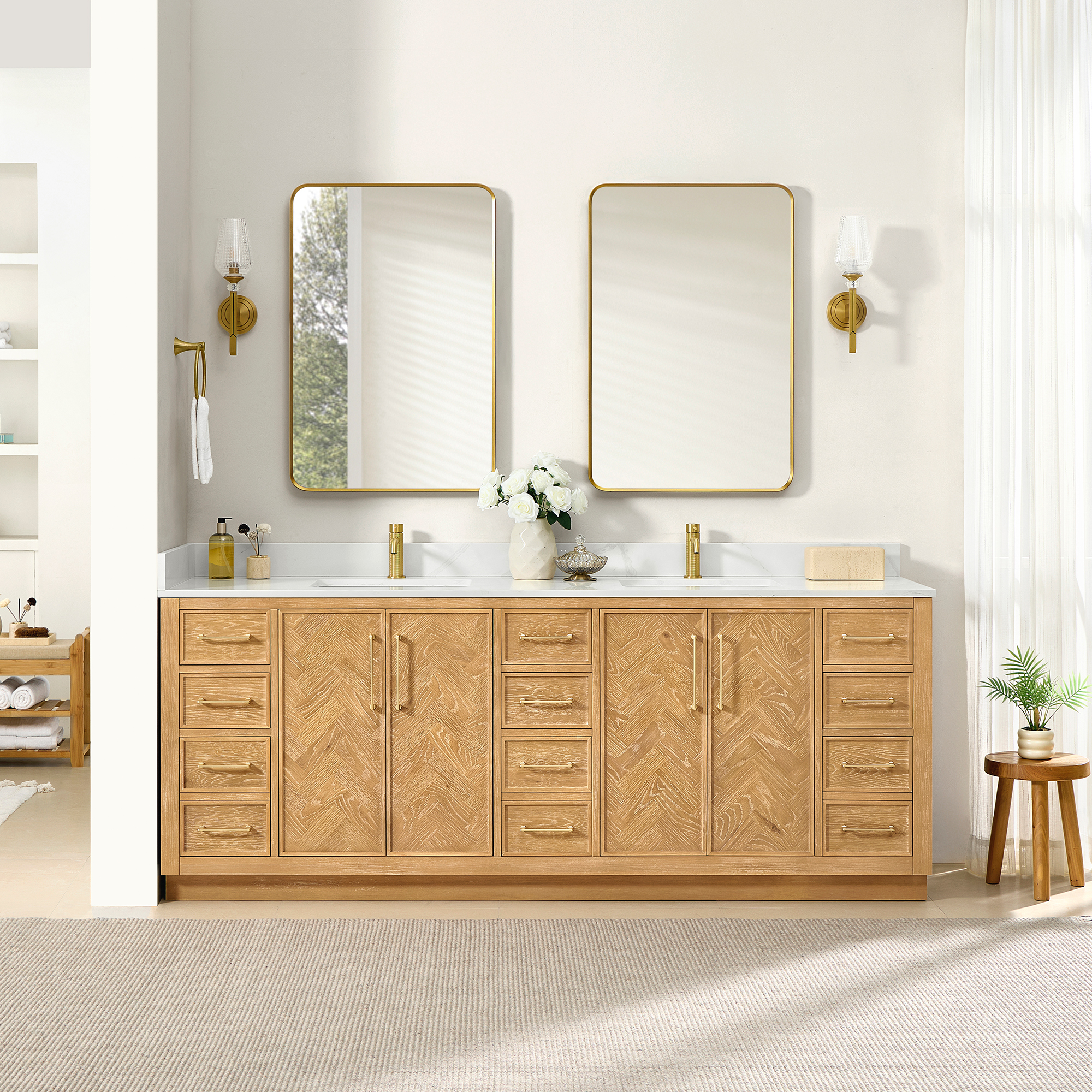 84" Freestanding Double Bath Vanity in Oak Weathering Light Brown with Silk White Quartz Stone Top 