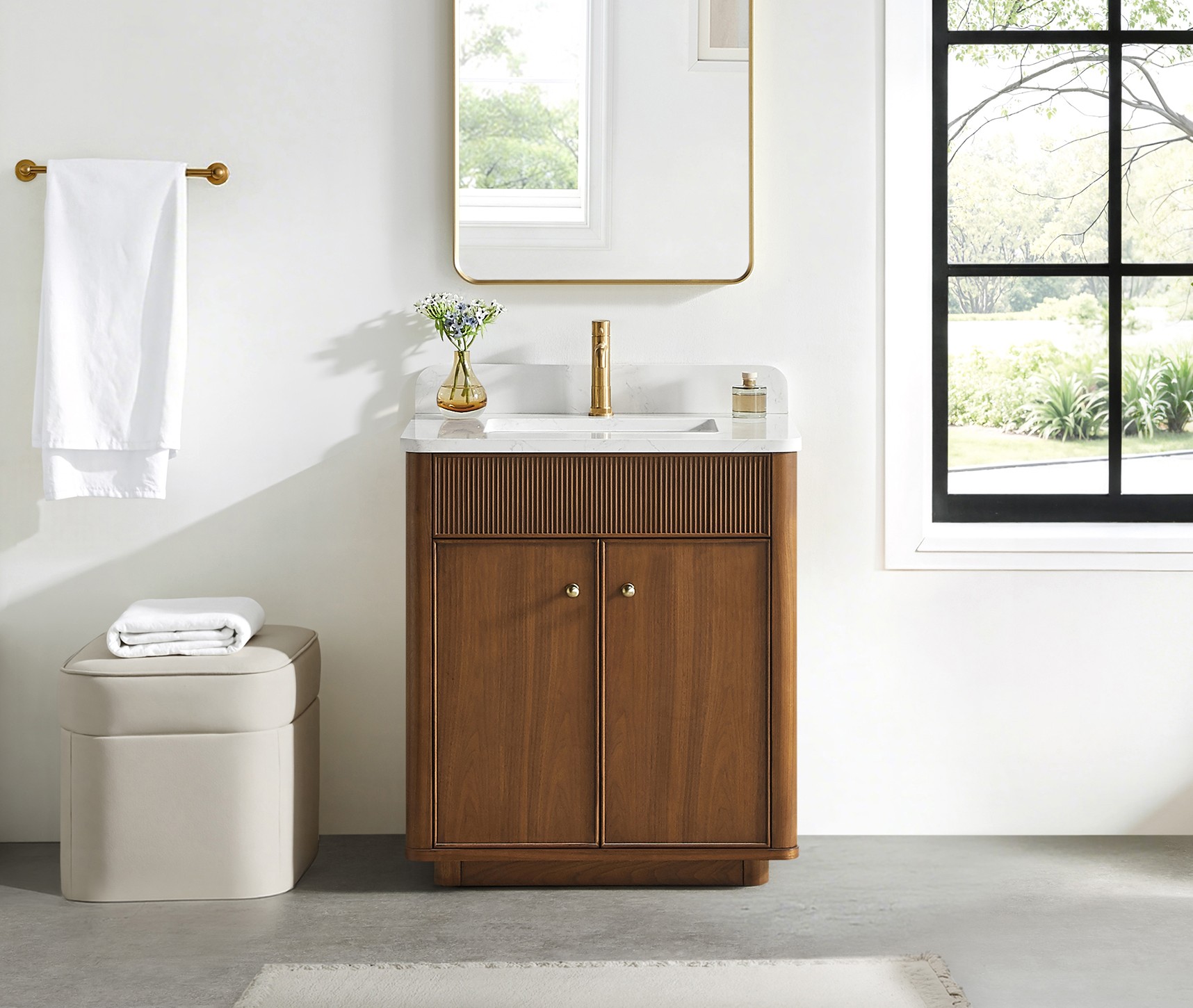 30" Single Sink Bath Vanity in Natural Walnut with White Grain Composite Stone Top