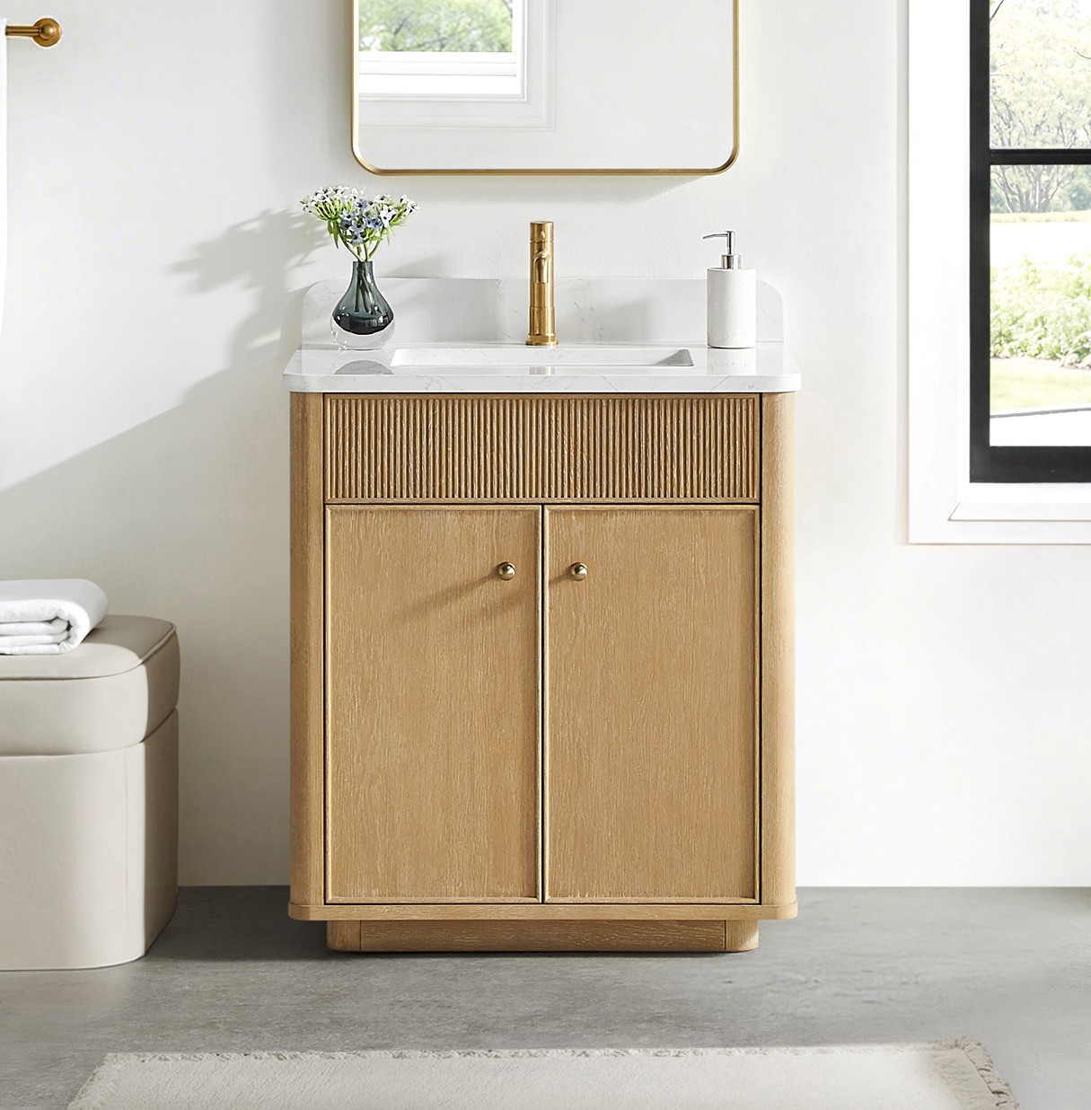 30" Single Sink Bath Vanity in Washed Ash Grey with White Grain Composite Stone Top