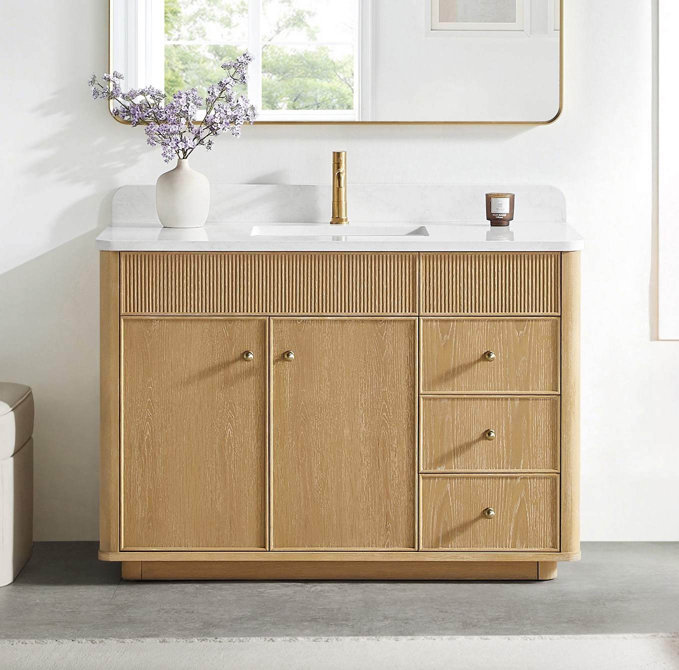 48" Single Sink Bath Vanity in Washed Ash Grey with White Grain Composite Stone Top