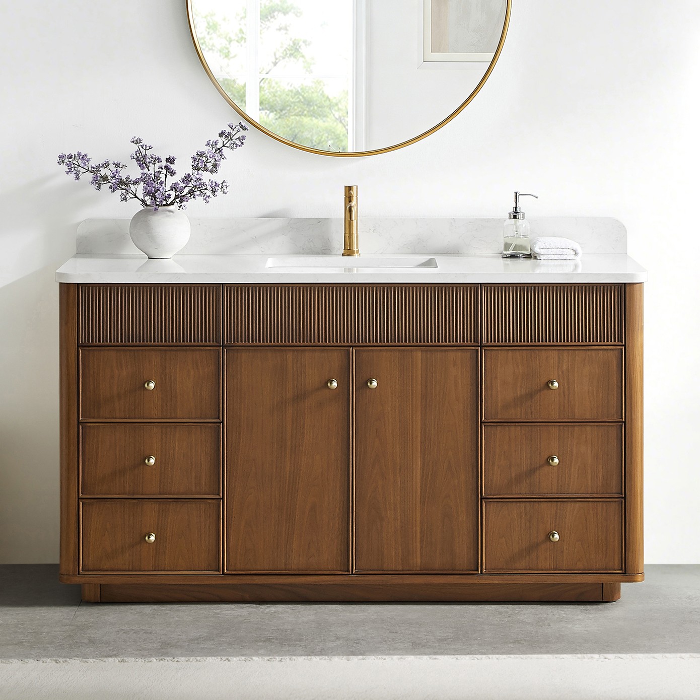 60" Single Sink Bath Vanity in Natural Walnut with White Grain Composite Stone Top