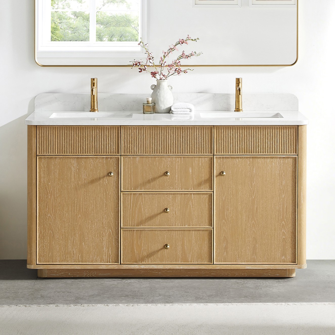 60M" Double Sink Bath Vanity in Washed Ash Grey with White Grain Composite Stone Top