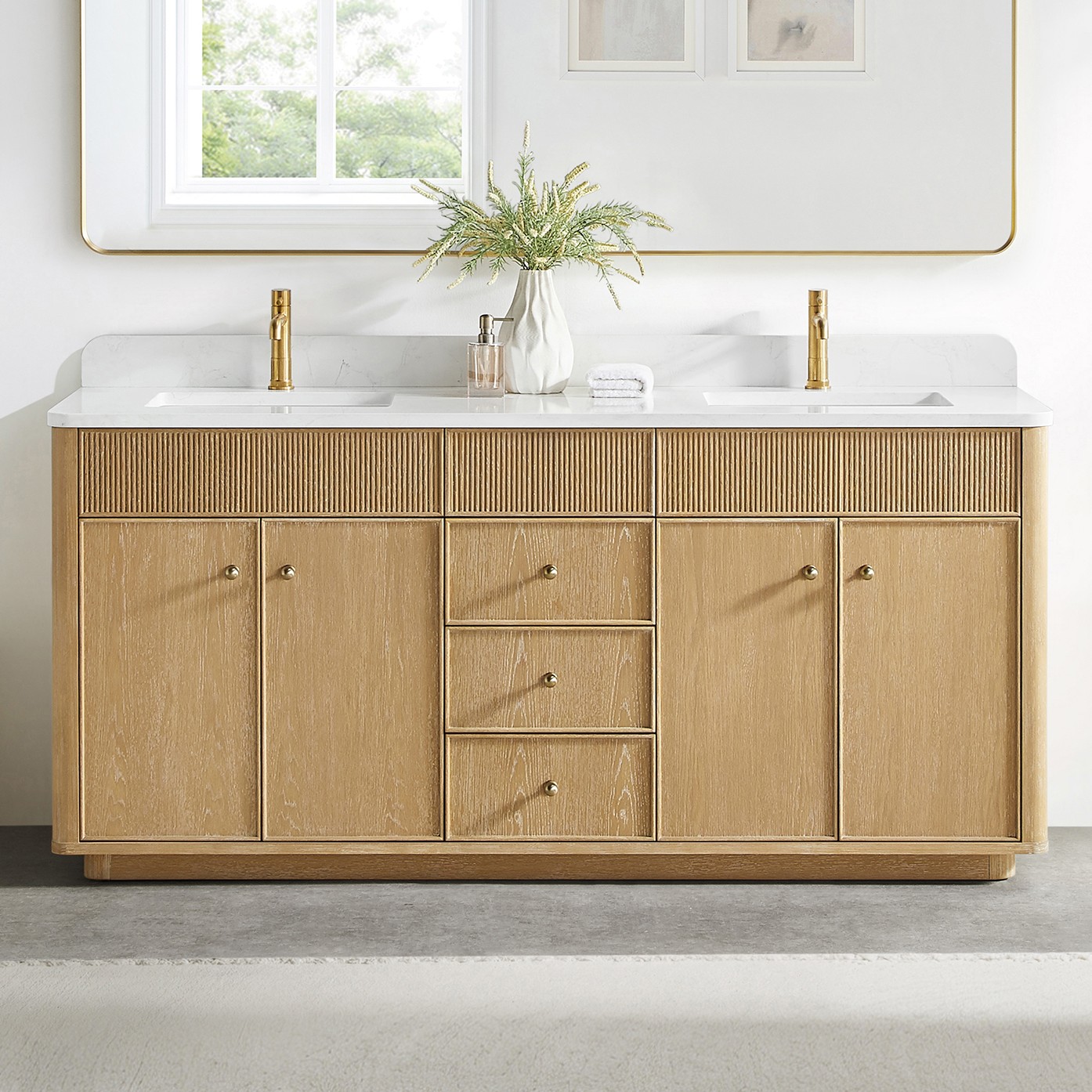 72" Double Sink Bath Vanity in Washed Ash Grey with White Grain Composite Stone Top