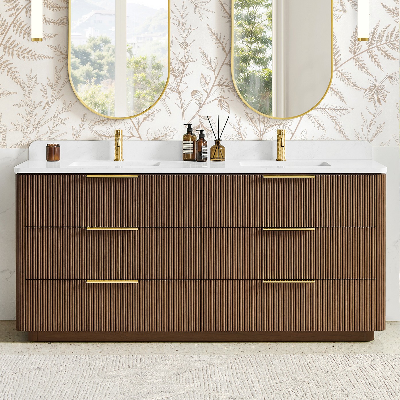72" Double Sink Bath Vanity in Oak Light Walnut with White Grain Composite Stone Top