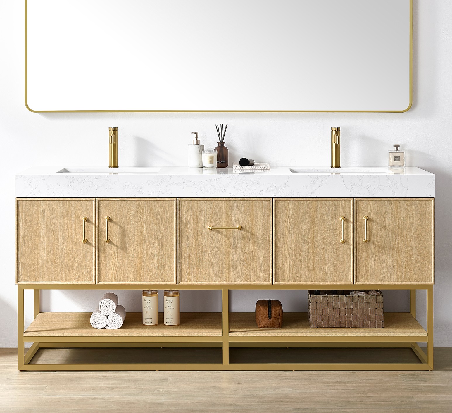 72" Double Sink Bath Vanity in Dark Oak with White Grain Composite Stone Top