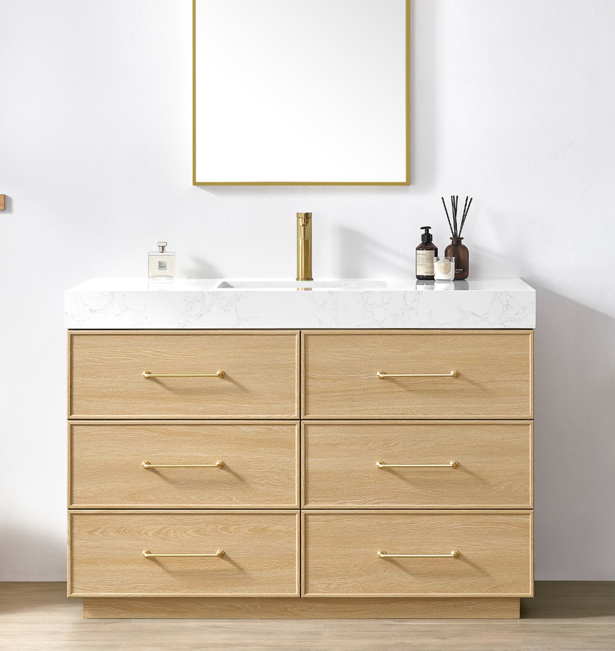 48" Dark Oak Single Bathroom Vanity with White Grain Composite Stone Countertop