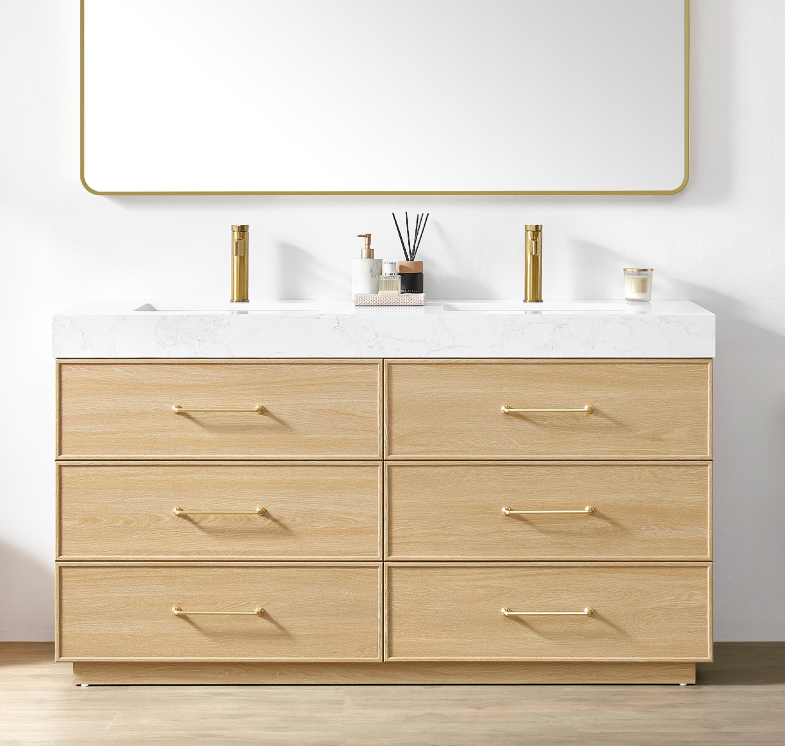 60M" Double Bathroom Vanity in Dark Oak with White Grain Composite Stone Top