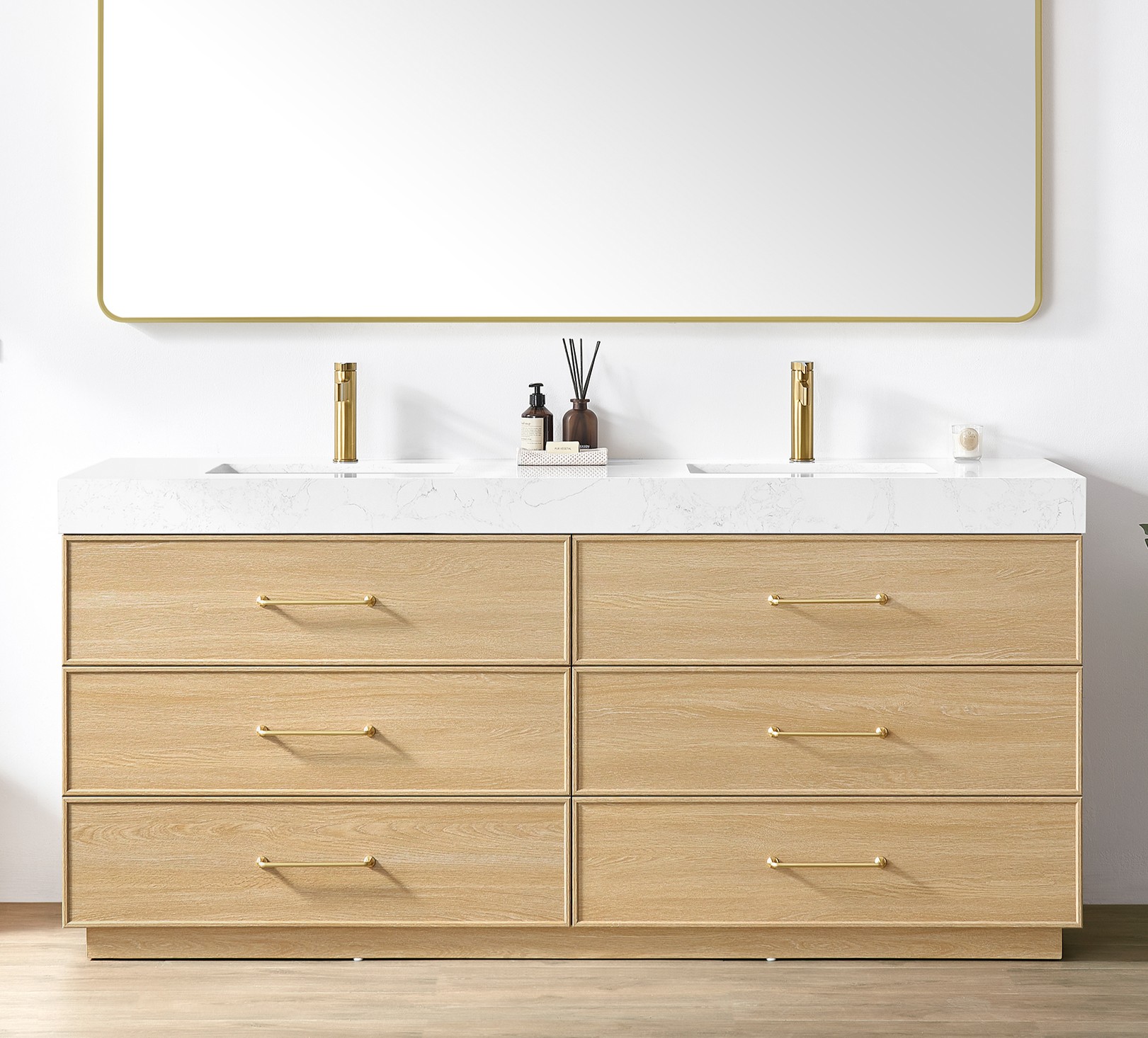 72" Dark Oak Double Bathroom Vanity with White Grain Composite Stone Top