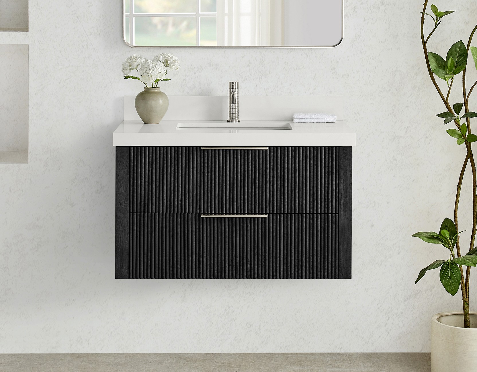 30" Floating Single Bath Vanity in Oak Weathered Black with Pure White Quartz Stone Top