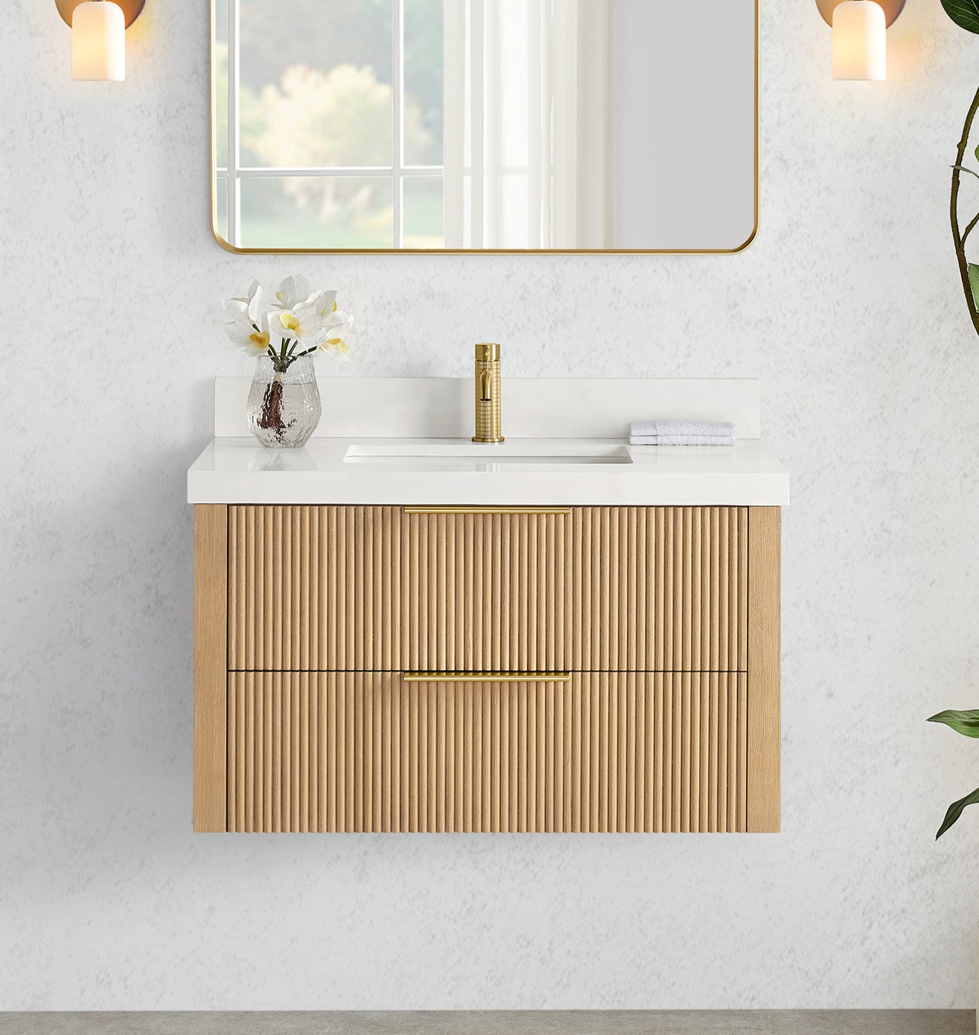36" Floating Single Bath Vanity in Washed Ash Grey with Pure White Quartz Stone Top