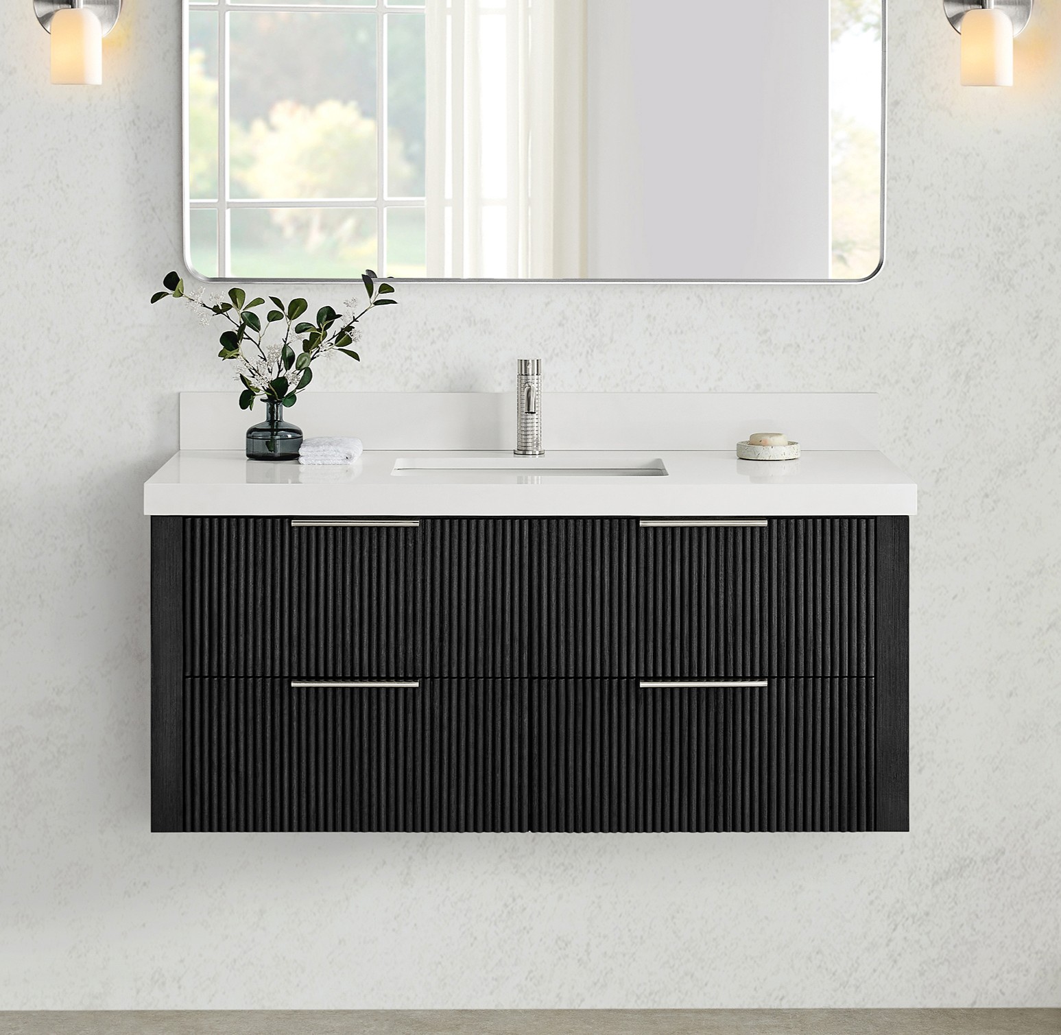 48" Floating Single Bath Vanity in Oak Weathered Black with Pure White Quartz Stone Top