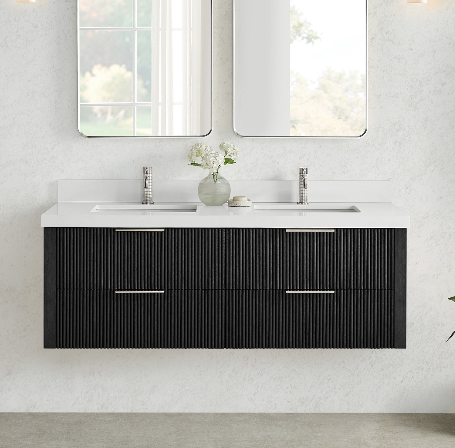 60M" Floating Double Bath Vanity in Oak Weathered Black with Pure White Quartz Stone Top