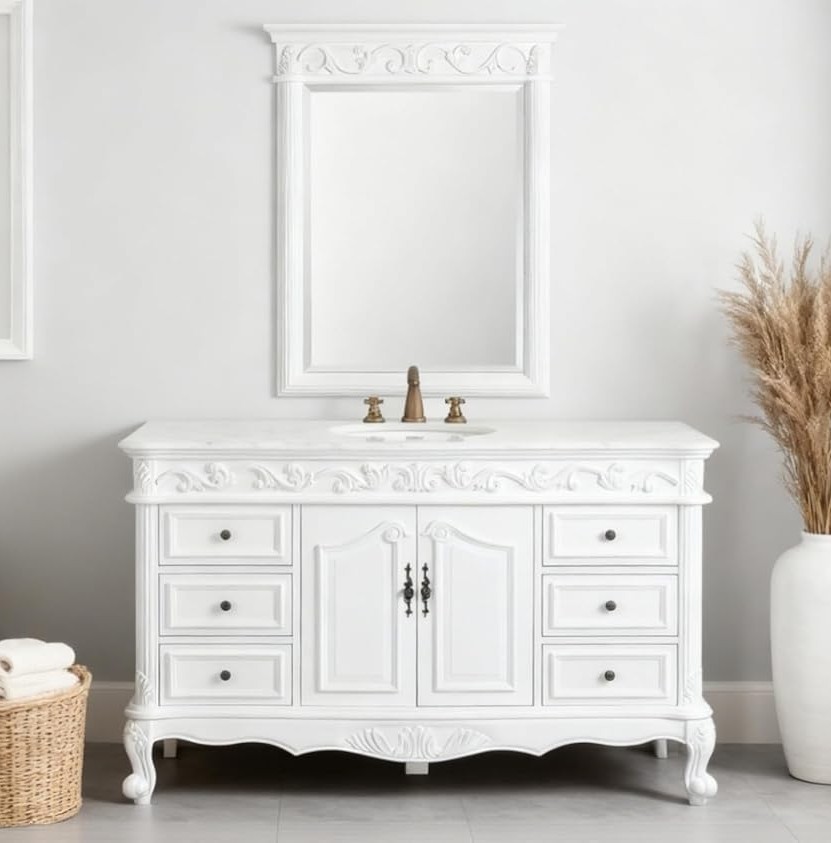 Adelina 56" Antique White Traditional Style Single Sink Bathroom Vanity with Mirror and Backsplash Option