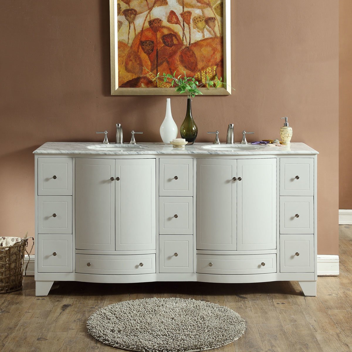 72 inch Double Sink Contemporary Bathroom Vanity White Finish Marble Top