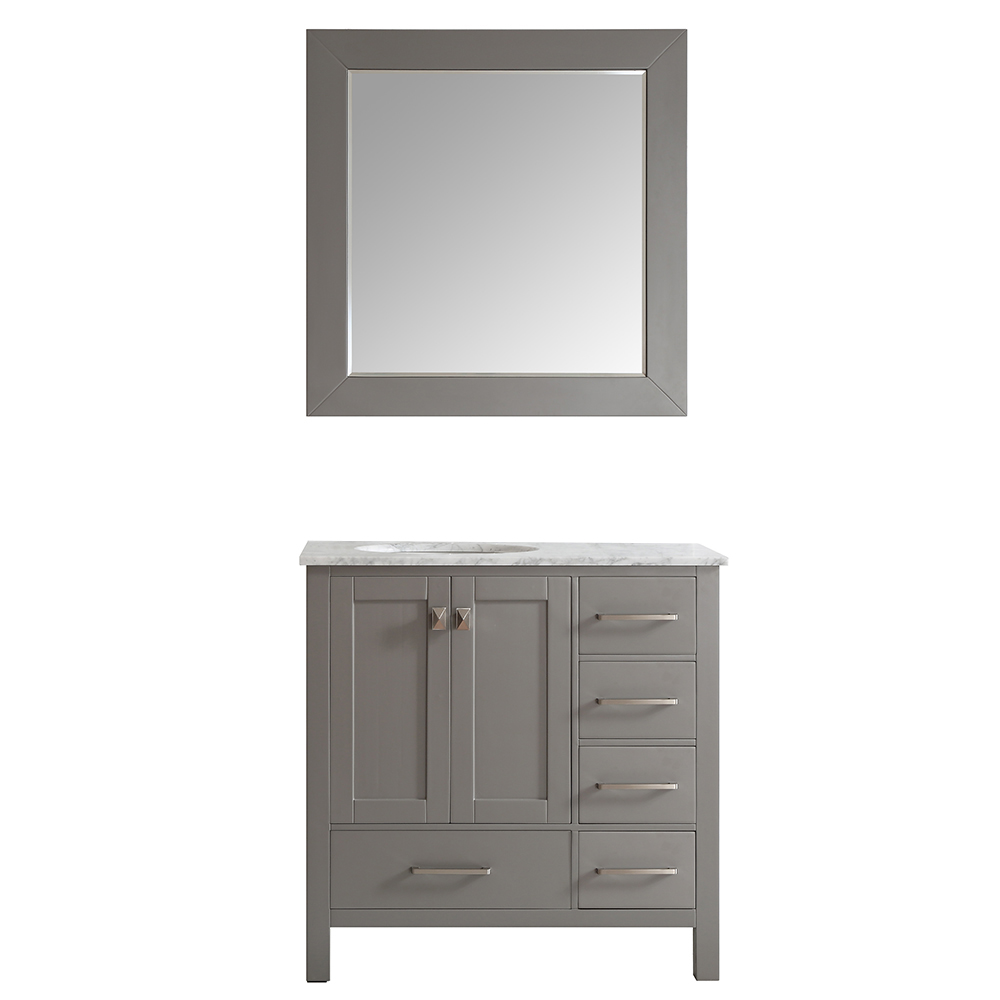 36" Single Vanity in Grey with Carrara White Marble Countertop Without Mirror 