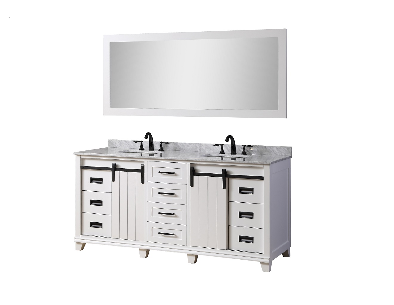 72'' Vanity in White with White Carrara Marble Top with white basins 