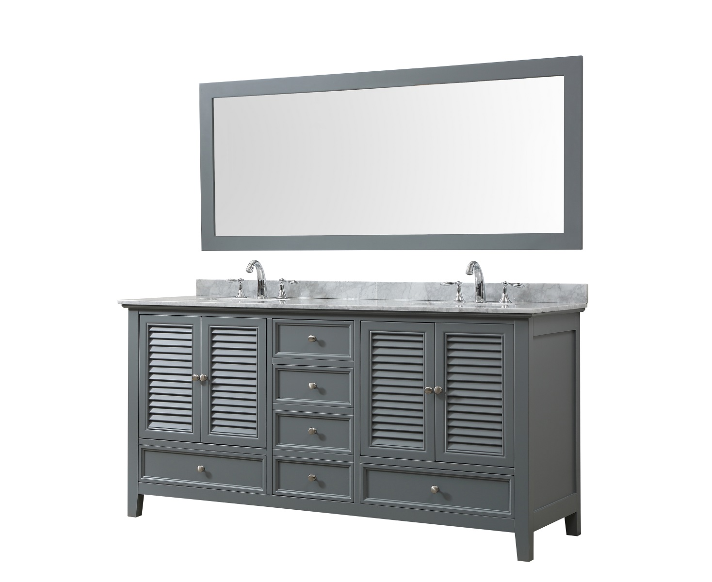 72" Vanity in gray With Carrara White Marble Vanity Top with white basins 