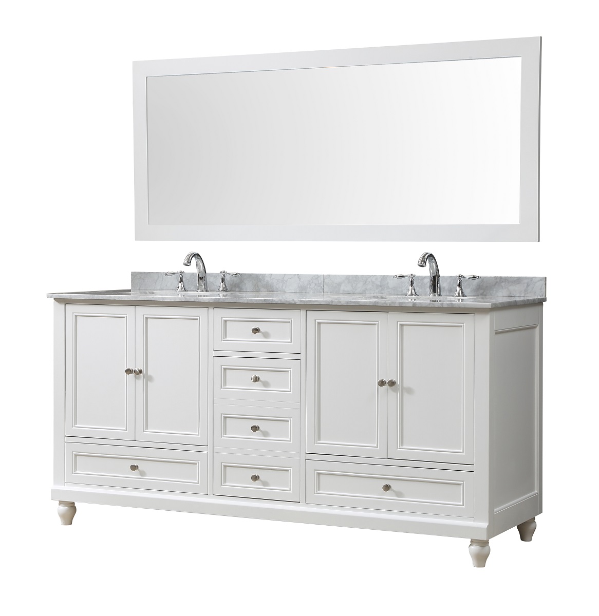 72'' Bath and Makeup Hybrid Vanity in White with Carrara White Marble Vanity Top with white basins 