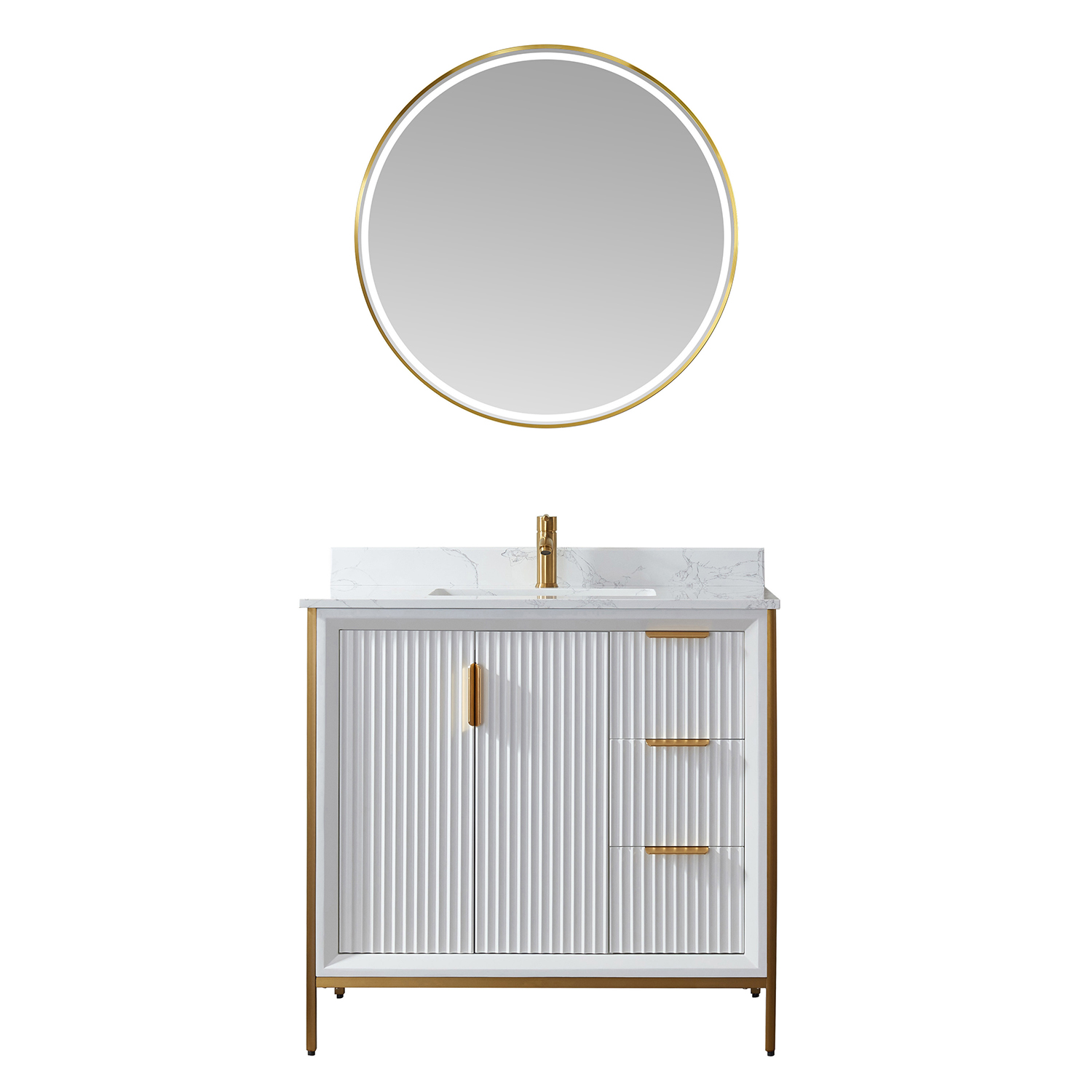 36" Vanity in White with White Composite Grain Stone Countertop Without Mirror 