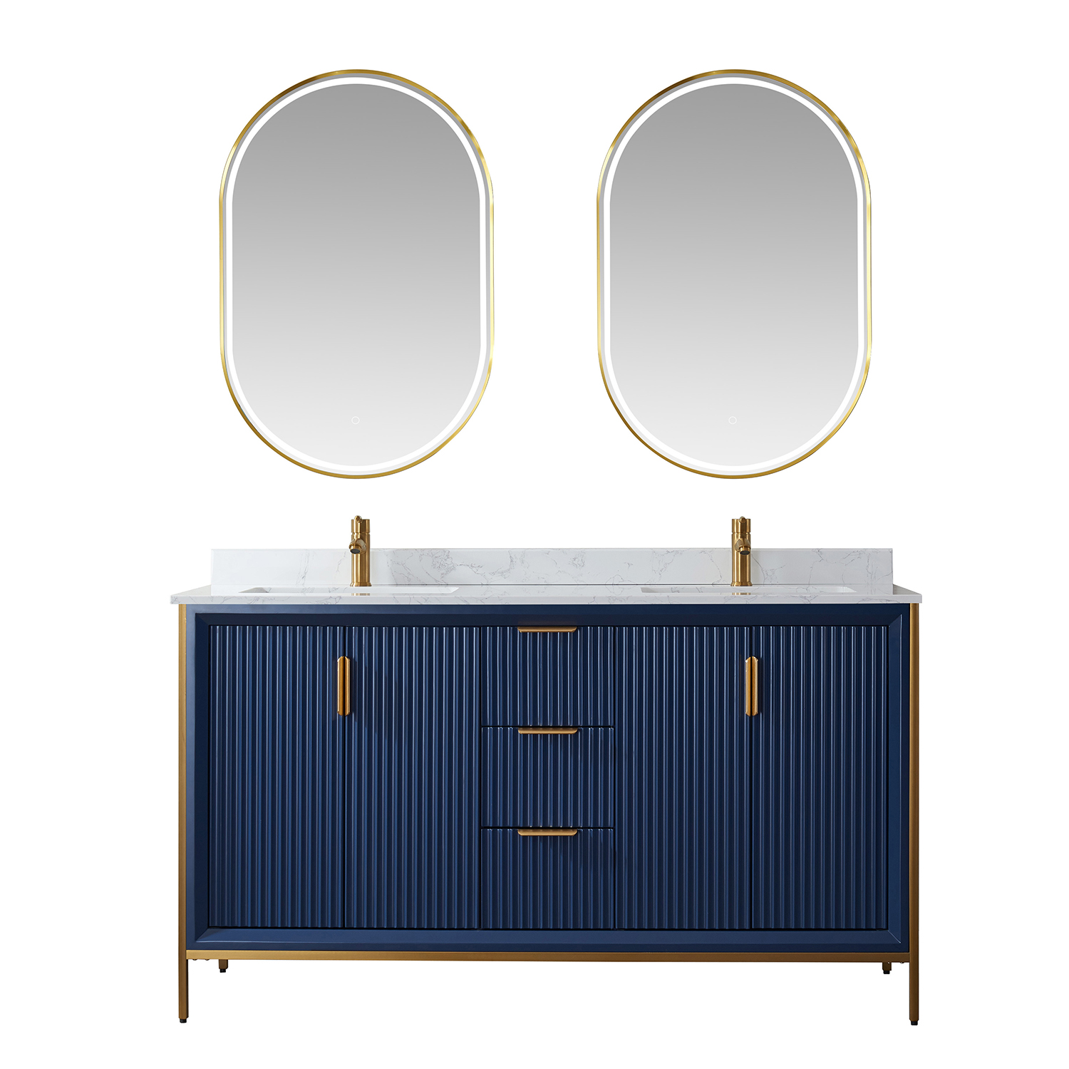 60" Vanity in Royal Blue with White Composite Grain Stone Countertop Without Mirror 
