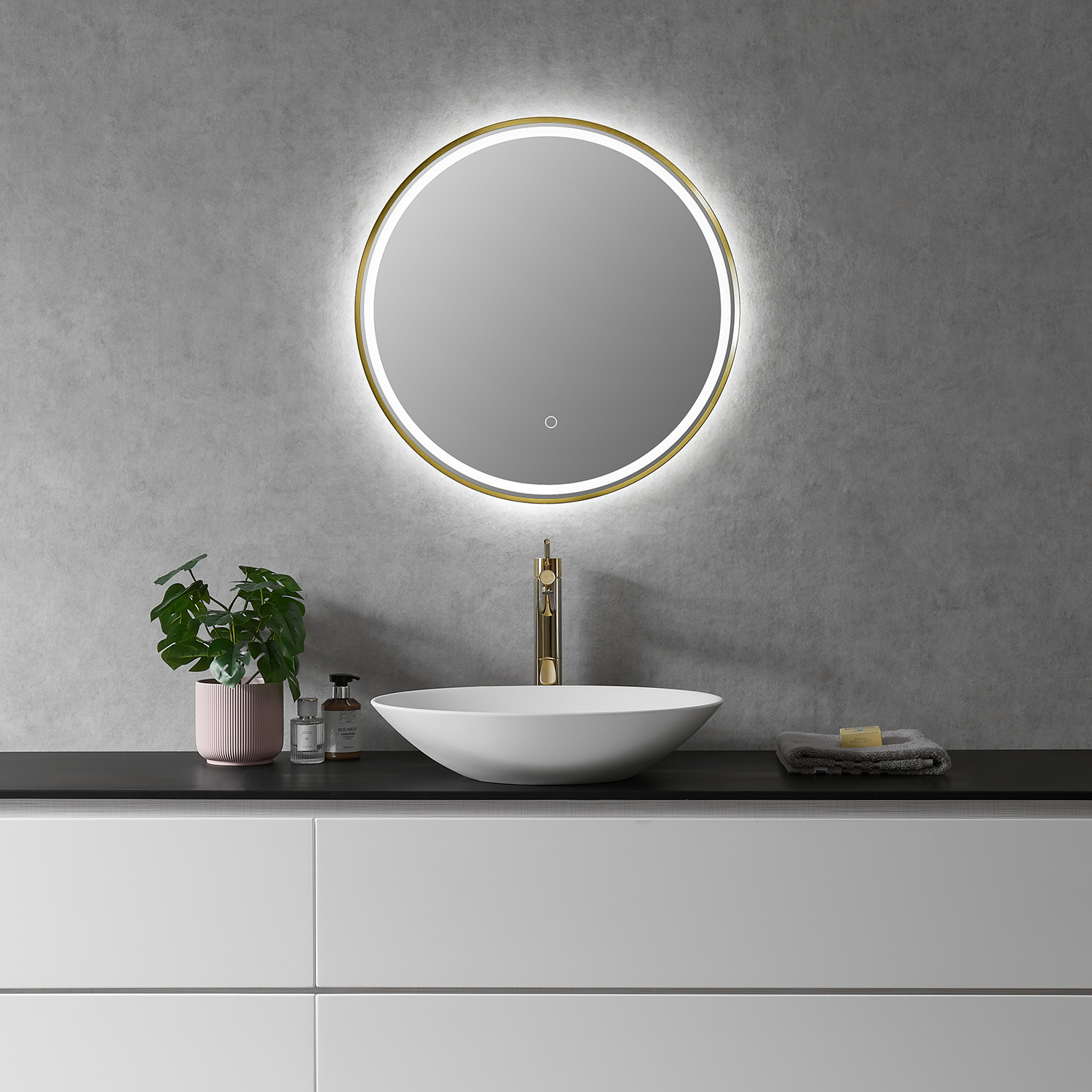 LV Round 24" Framed in Brushed Gold Modern Bathroom/Vanity LED Lighted Wall Mirror