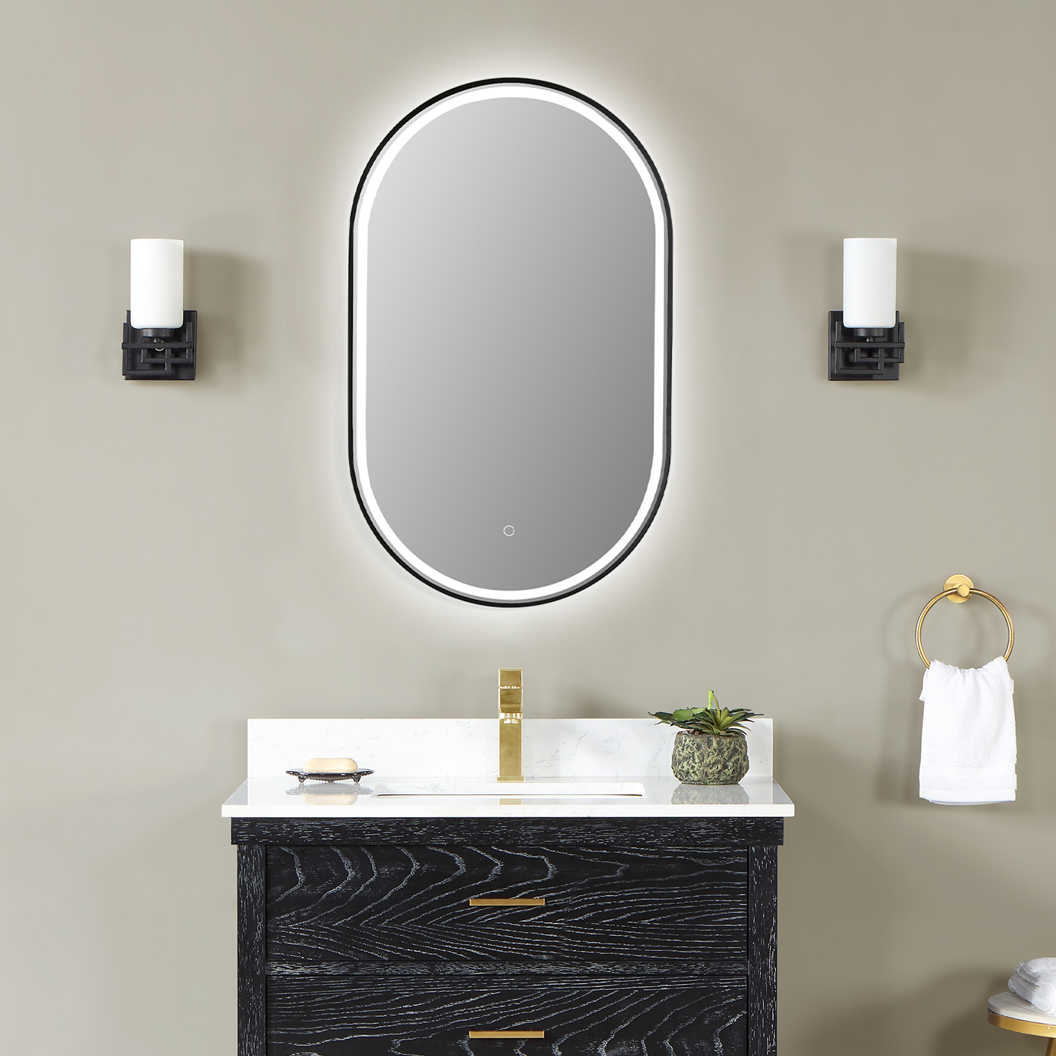 LV Oval 36" Framed in Matt Black Modern Bathroom/Vanity LED Lighted Wall Mirror