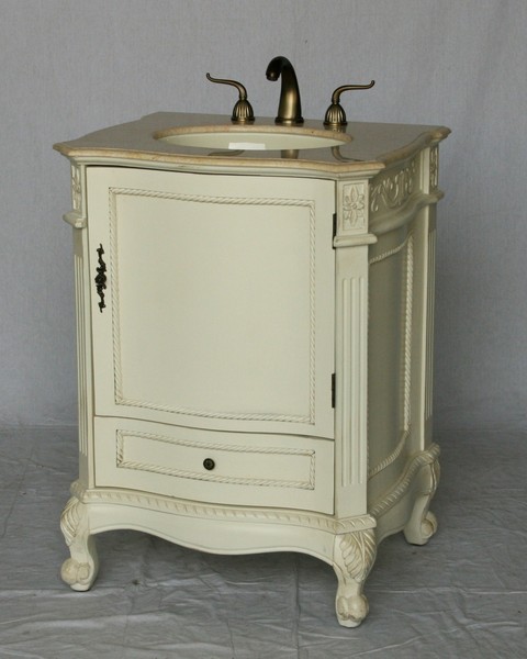 26" Adelina Antique Style Single Sink Bathroom Vanity in Antique White Finish with Beige Stone Countertop