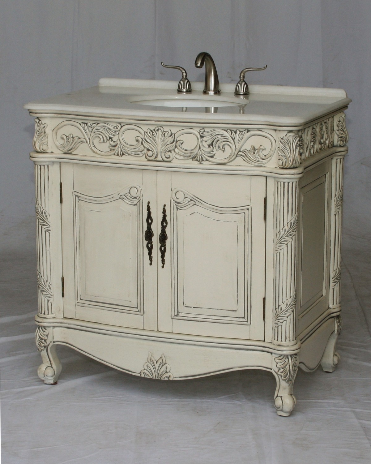 36" Adelina Antique Style Single Sink Bathroom Vanity with Imperial White Stone Countertop and Antique White Finish