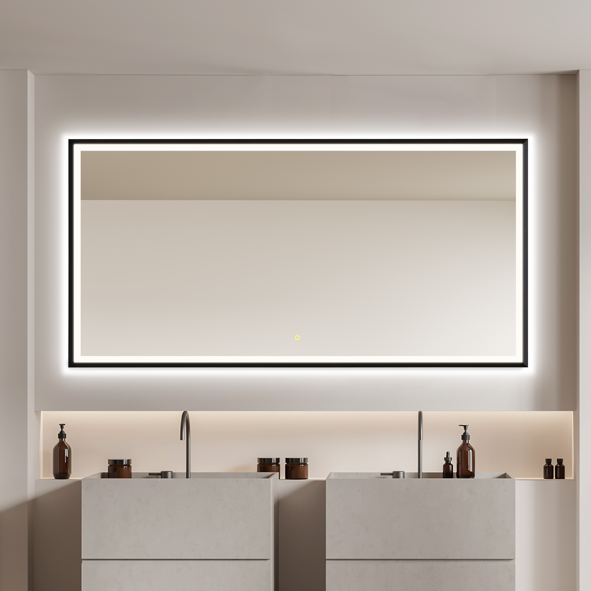 LV 72"x36" Rectangular Anti-Fog Dimmable Modern LED Lighted Wall Mirror in Matte Black Aluminum Framed