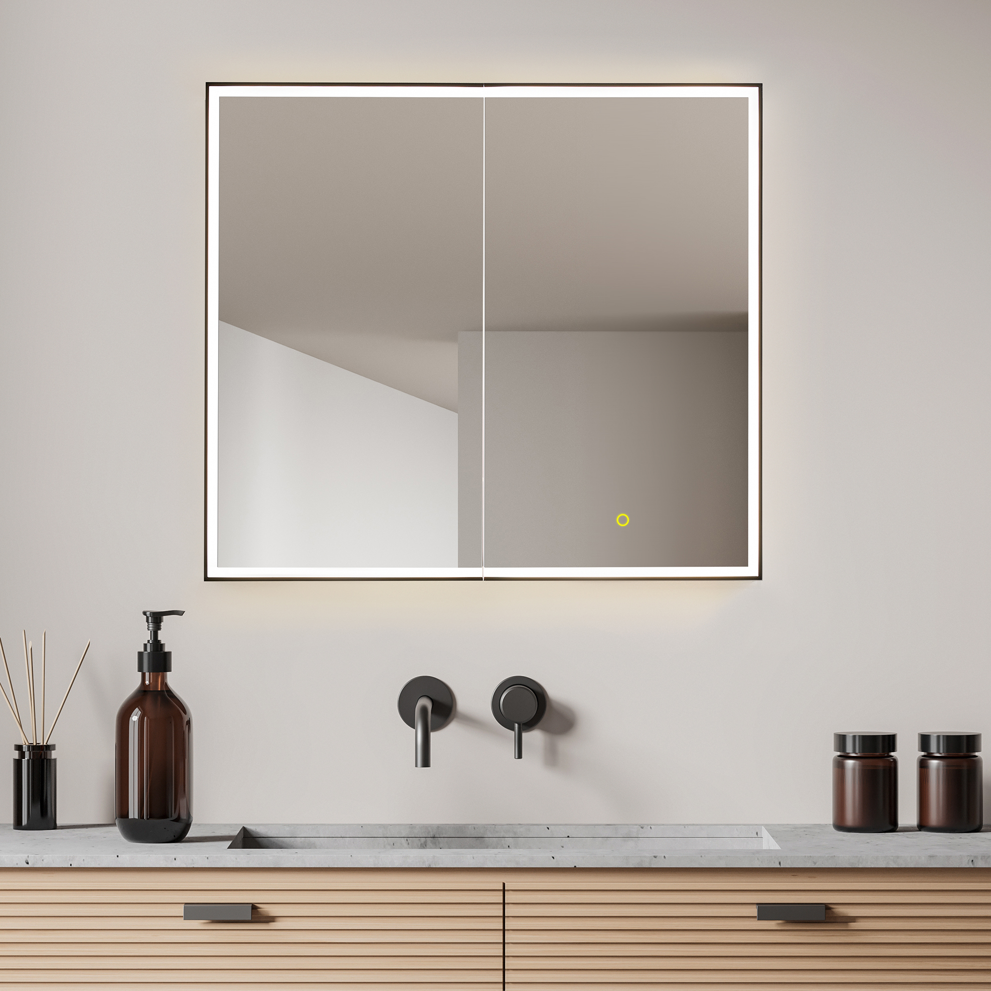 LV 36"x32" Recessed LED Lighted Bathroom Black Aluminum Mirror Medicine Cabinet