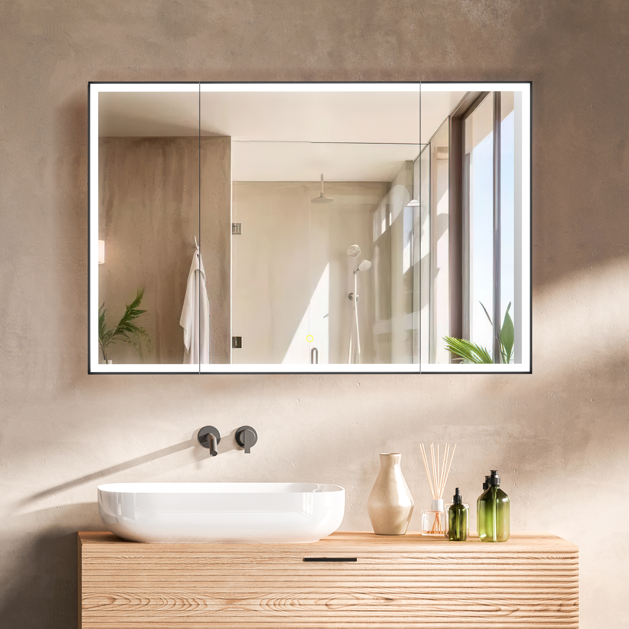 LV 48"x32" Recessed LED Lighted Bathroom Black Aluminum Mirror Medicine Cabinet