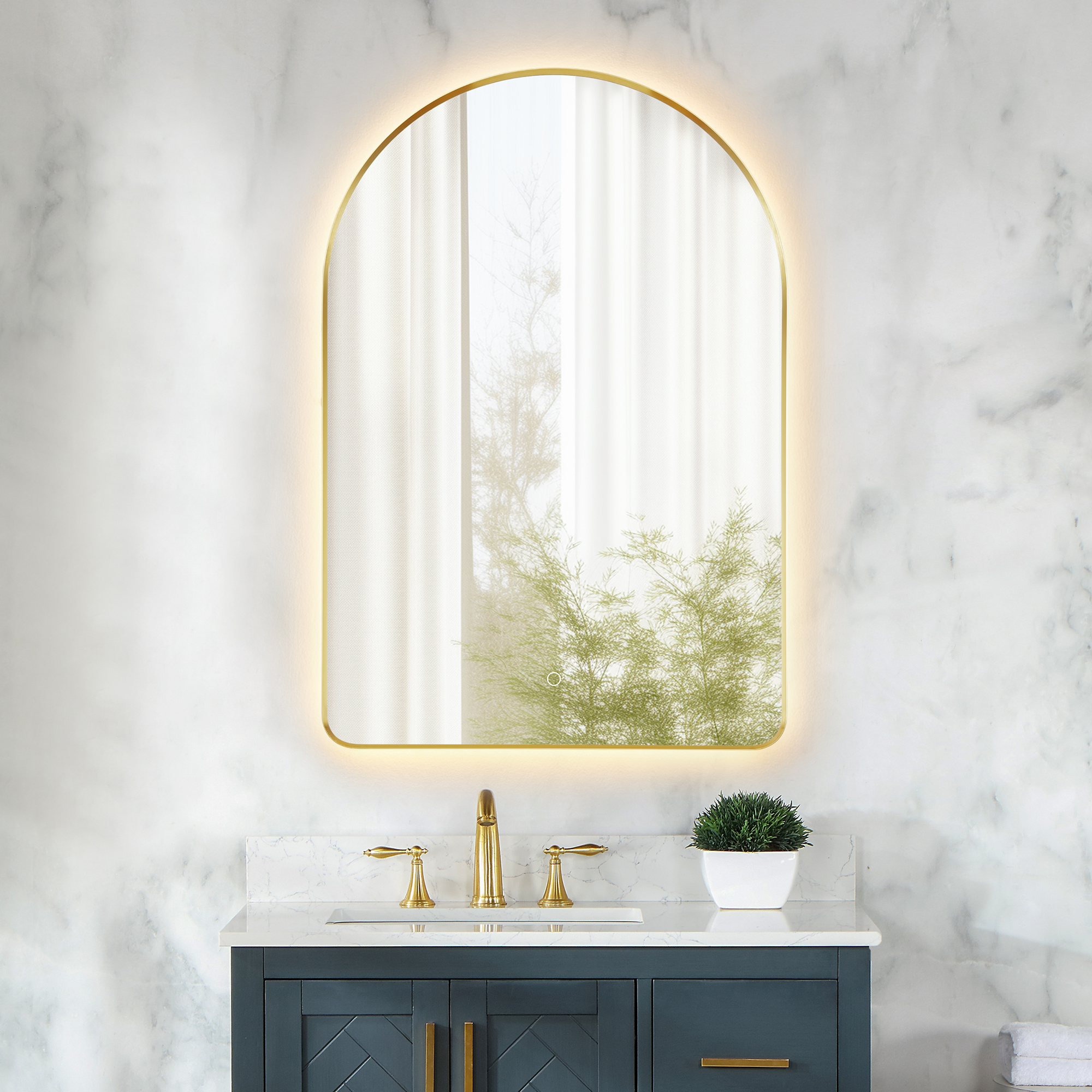 LV 24x36" Classic Domed Bathroom/Vanity Brushed Gold Aluminum LED Wall Mirror