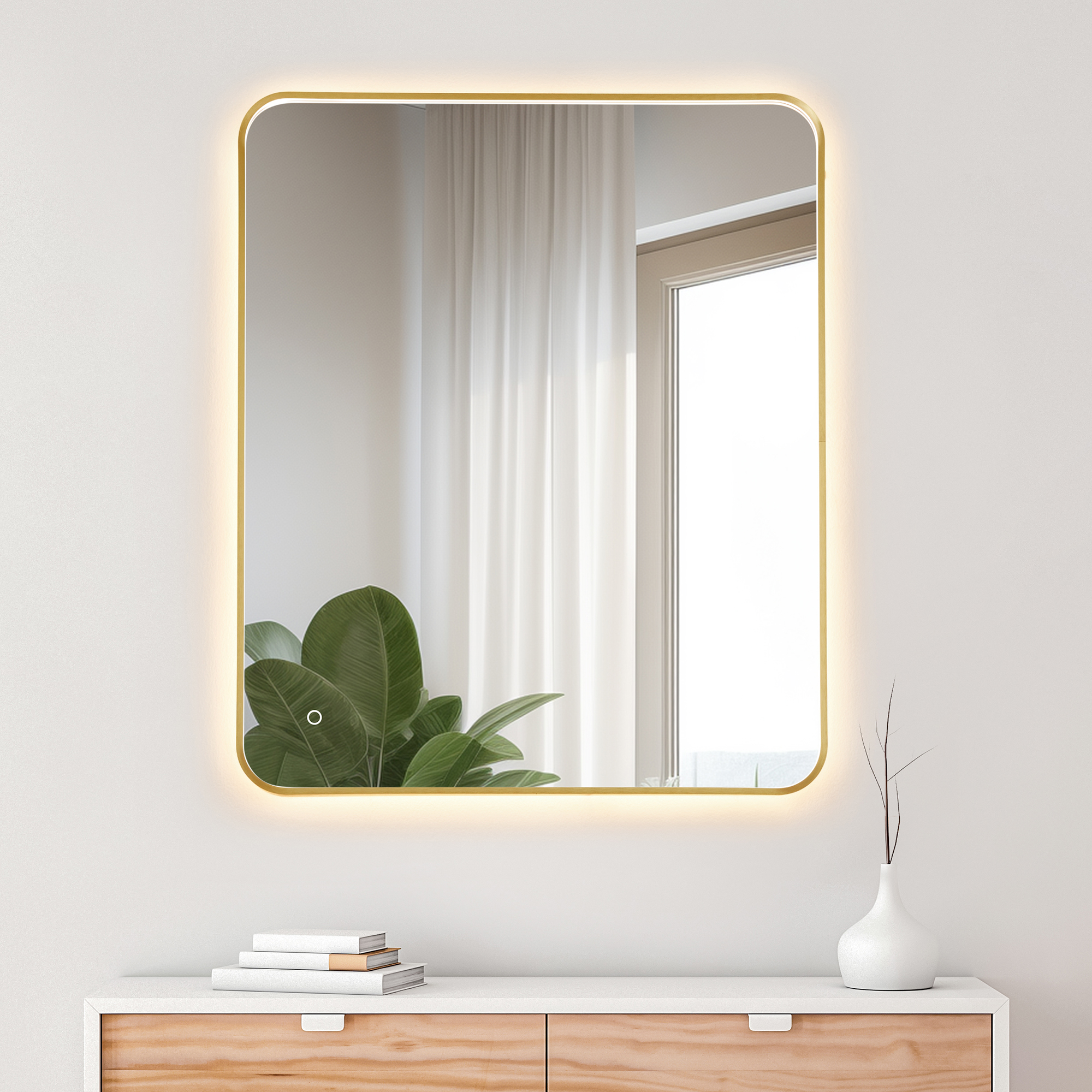 LV 36"x30" Rectangular Anti-Fog Dimmable Modern Bathroom/Vanity LED Lighted Wall Mirror in Brushed Gold Aluminum Framed