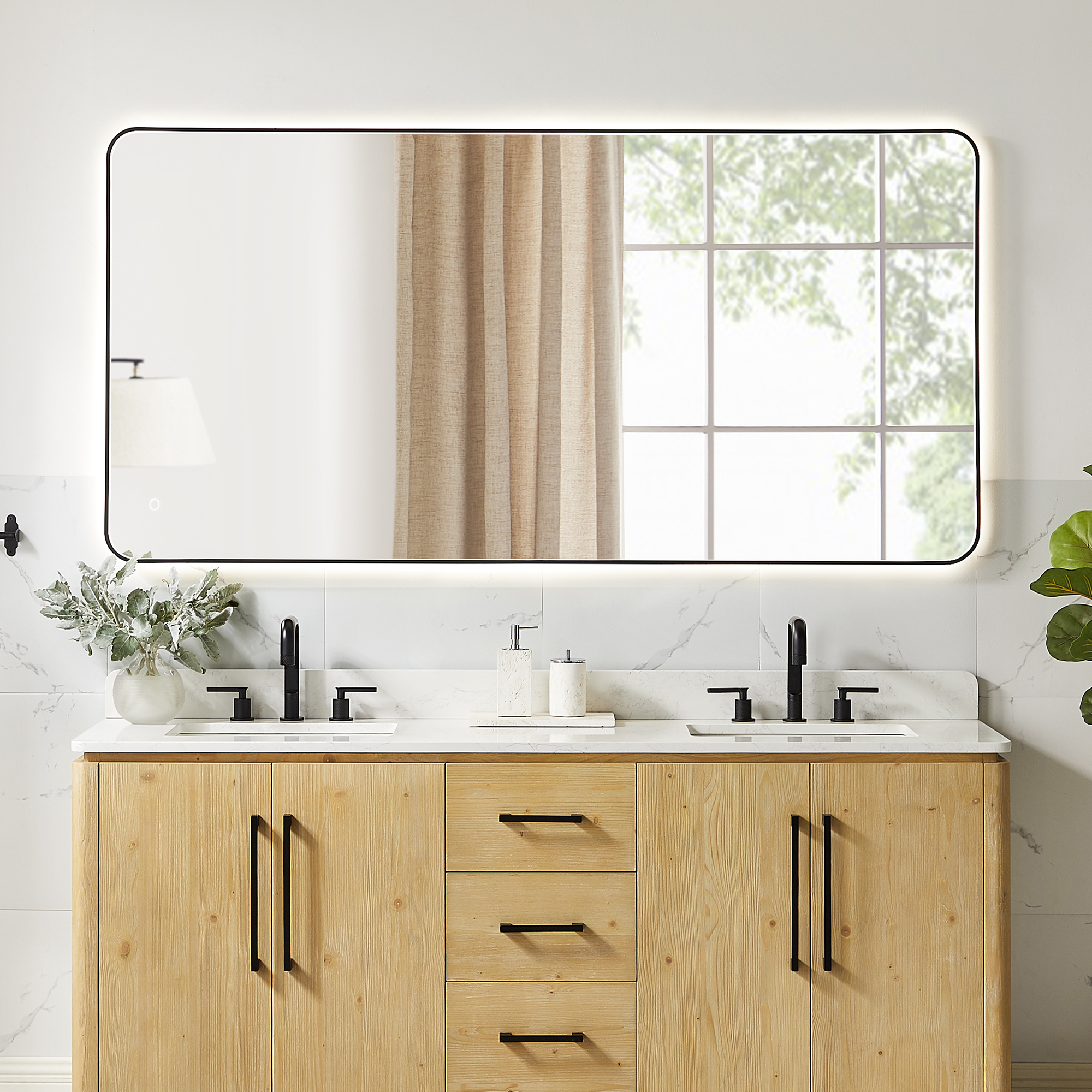 LV 72"x36" Rectangular Anti-Fog Dimmable Modern Bathroom/Vanity LED Lighted Wall Mirror in Matte Black Aluminum Framed