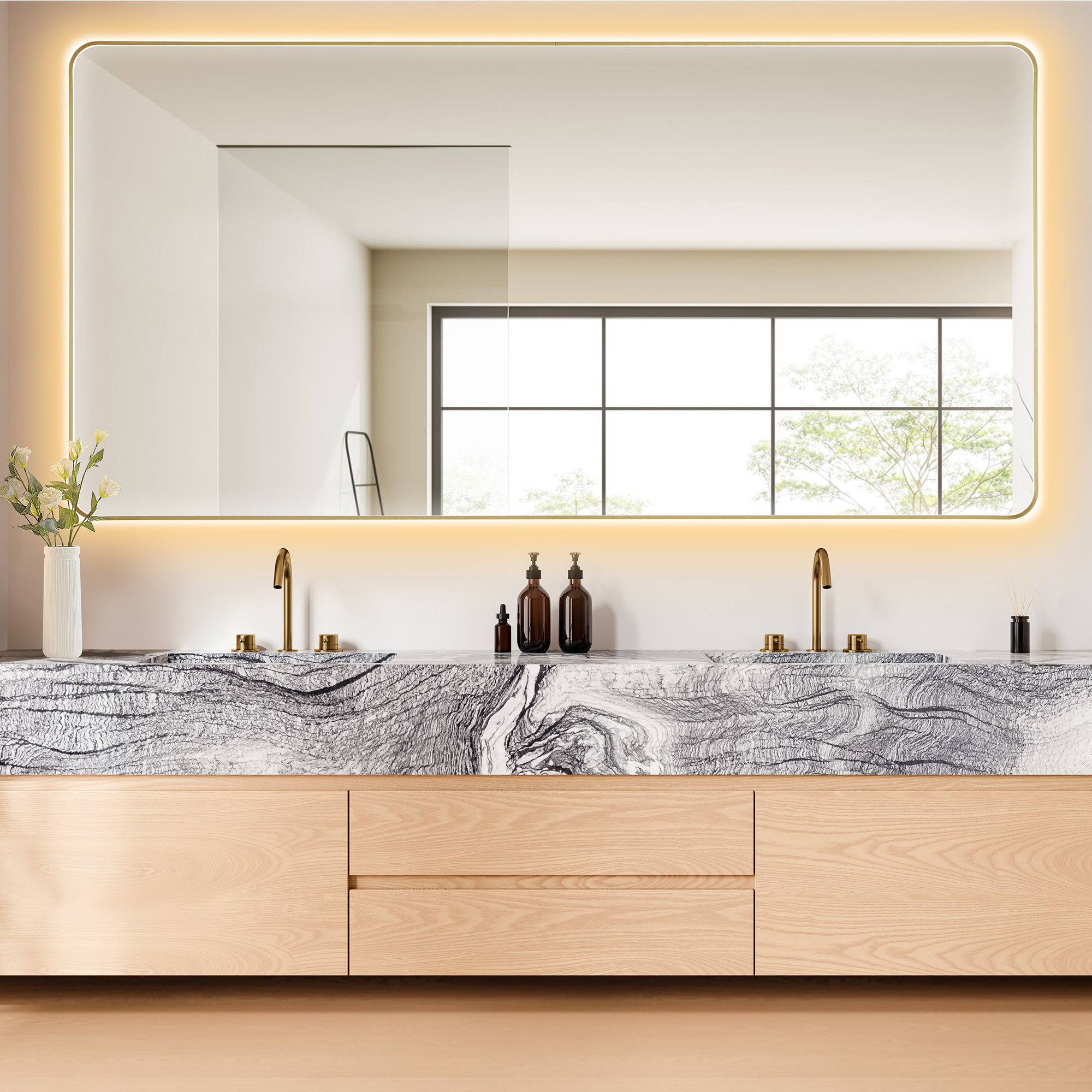 LV 84"x42" Rectangular Anti-Fog Dimmable Modern Bathroom/Vanity LED Lighted Wall Mirror in Brushed Gold Aluminum Framed