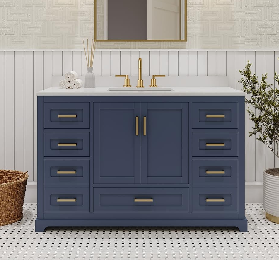 LV 48" Transitional Bath Vanity in Navy Blue with 3 Hardware Options, Base Only, and Top Option